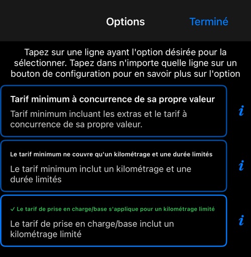 Les trois options de ce que comprend la prise en charge ou le coût minimum, celle-ci étant sélectionnée