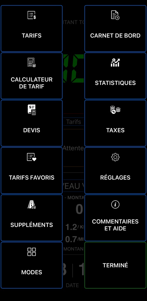 Le menu de Taximètre 55 : tarifs, calculateur de tarif, devis, tarifs favoris, suppléments, modes, carnet de bord, statistiques, taxes, réglages et aide