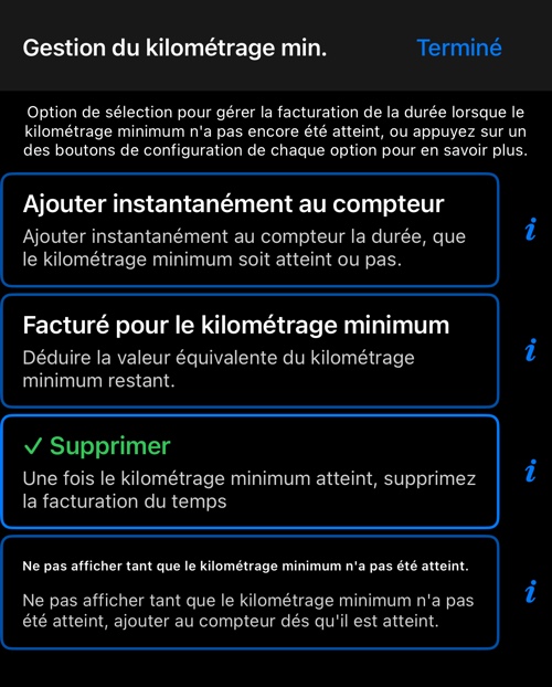 Les quatre options pour le coût au temps avant le kilométrage inclus
