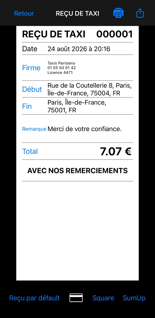 Le reçu de taxi simple avec en-tête, bloc société, adresses de départ et d’arrivée, note et total