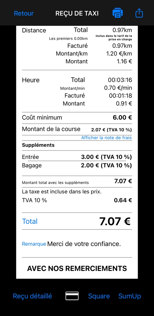 La fin du reçu détaillé : pourboire ou remise, ventilation de la taxe, total et note