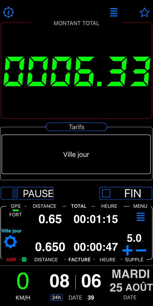 Le tableau de bord dans ce mode, compteur en marche