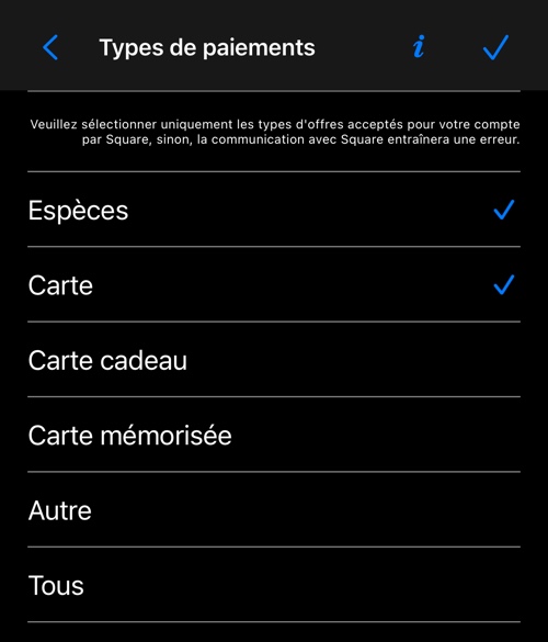 L’écran des types de paiement