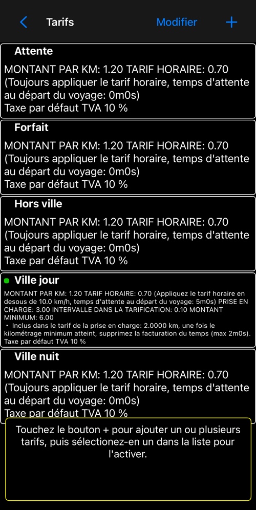 La liste des tarifs, chaque ligne résumant un tarif entier, l’actif étant marqué