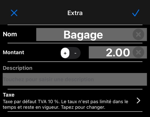 L’éditeur de supplément, avec la ligne de taxe
