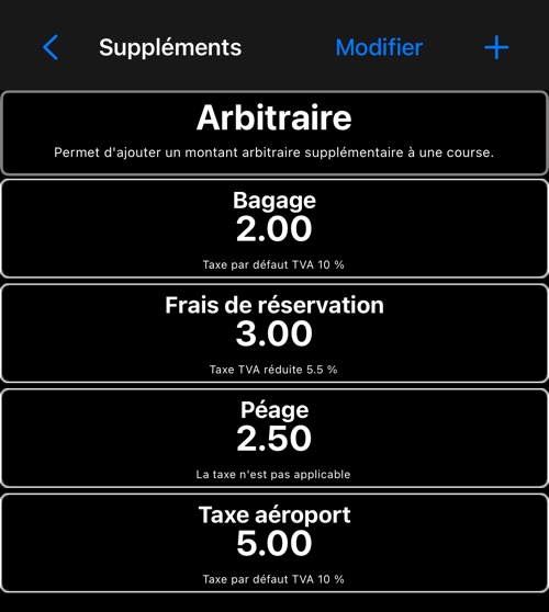 La liste des suppléments, montrant la taxe portée par chacun