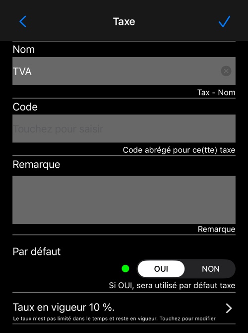 L’éditeur de taxe : nom, code, note, l’interrupteur par défaut et le taux actuel