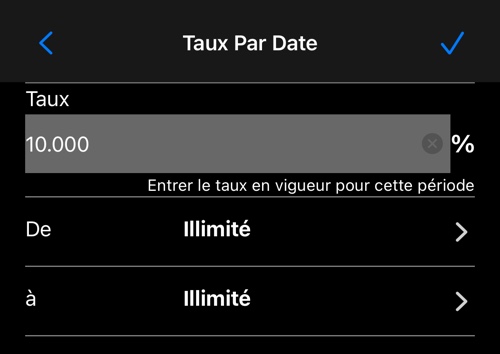 L’éditeur de taux, avec dates de début et de fin facultatives