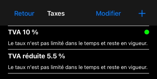 La liste des taxes avec leurs taux, celle par défaut marquée d’un point vert