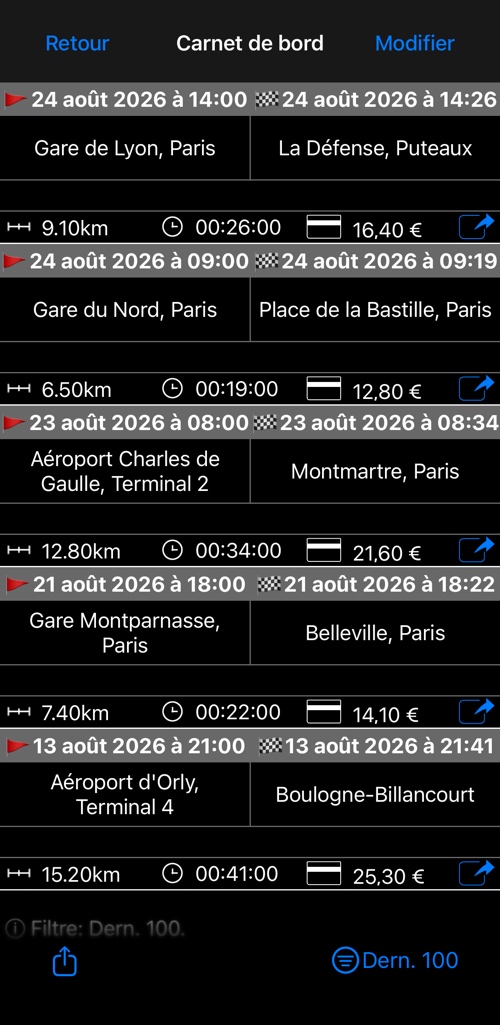 Carnet de bord listant les courses avec adresses de départ et d’arrivée, distance, durée et montant