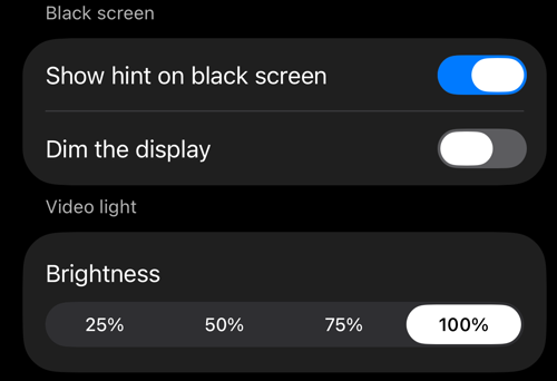 Viewfinder controls सेटिंग्स: Black screen और Video light सेक्शन