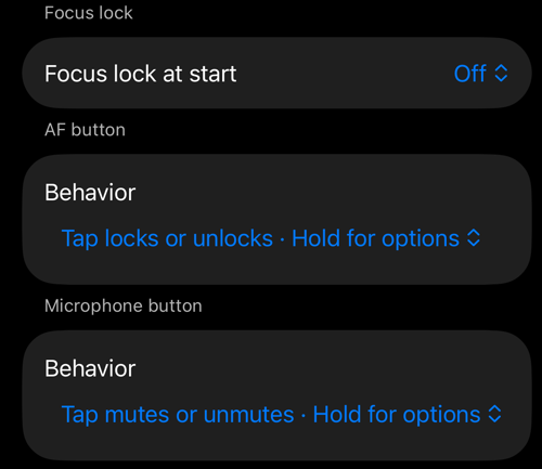 Viewfinder controls सेटिंग्स: Focus lock at start, AF button और Microphone button सेक्शन