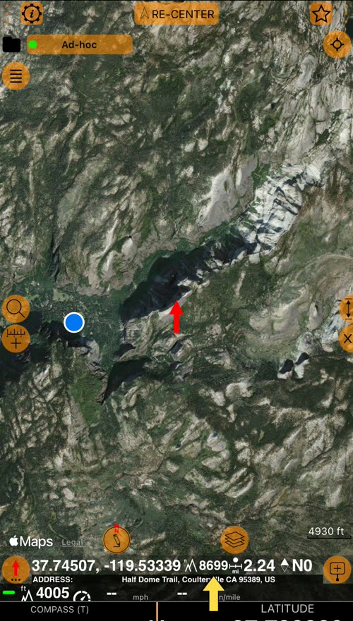 Half Dome पर लाल तीर; एक पीला तीर मानचित्र के नीचे की पंक्ति में ऊँचाई, 8699 ft, की ओर इशारा करता है, साथ में 37.74507, -119.53339, 2.24 mi, N0 और पता Half Dome Trail