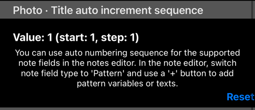 Title auto increment sequence: मौजूदा मान और Reset बटन