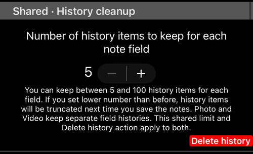 साझा history cleanup: हर field के लिए कितनी entries रखी जाएँ, और Delete history