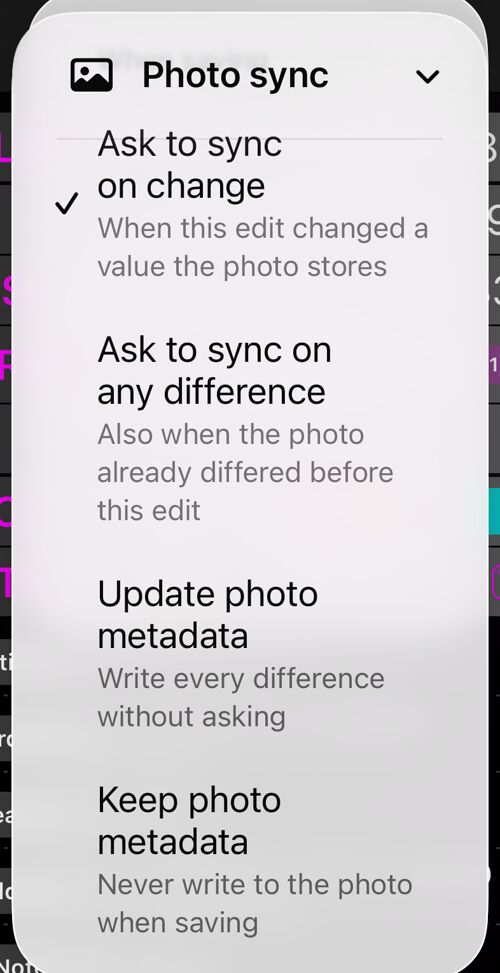 Photo sync मेन्यू का When saving सेक्शन और उसके चार विकल्प