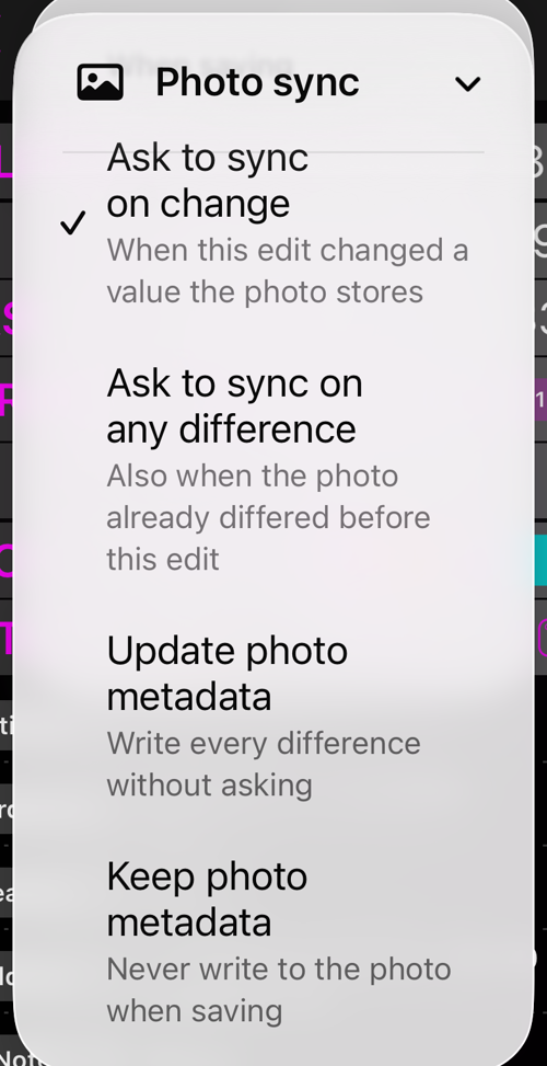 Photo sync मेन्यू का When saving सेक्शन और उसके चार विकल्प
