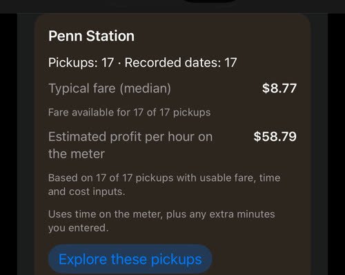 कार्यदिवसों में 07:00 बजे Penn Station: 17 तारीख़ों पर 17 पिकअप, सामान्य किराया $8.77, मीटर पर प्रति घंटा अनुमानित मुनाफ़ा $58.79