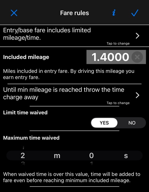 Fare rules स्क्रीन: किराए में क्या शामिल है, included mileage और समय के नियम