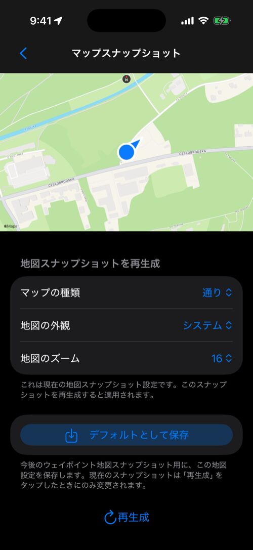 Enlarged point map snapshot with Map type, Map appearance, Map zoom, Save as default, and Re-generate
