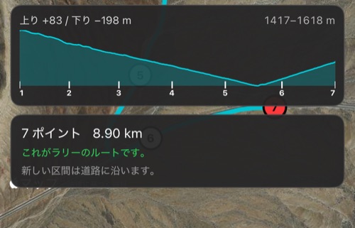 ステータスカードの上にある、登りと下り、標高の範囲、ポイント番号を示す地形プロファイルの帯