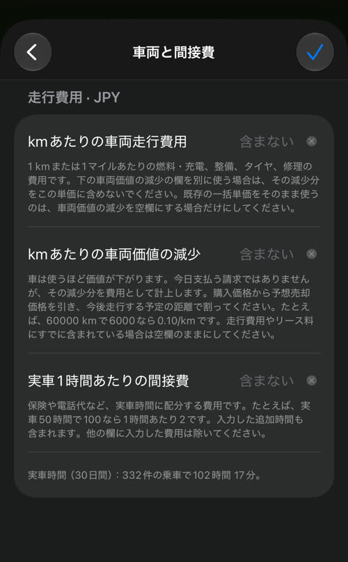 車両と間接費：kmあたりの車両走行費用、kmあたりの車両価値の減少、実車1時間あたりの間接費。選択した期間の実車時間（30日間：332 件の乗車で 102 時間 17 分）つき