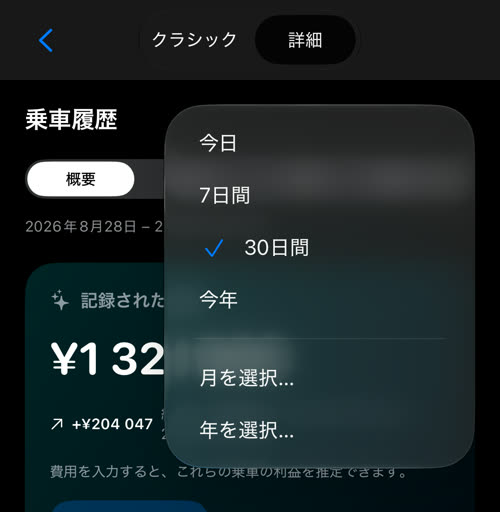 期間メニュー：今日、7日間、30日間、今年、月を選択、年を選択