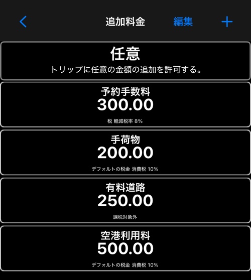 それぞれの追加料金がどの税を持つかを示す一覧