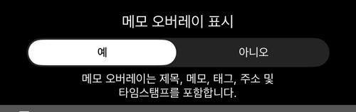 「메모 오버레이 표시」가 예로 되어 있고, 아래에 여섯 필드를 나열한 문장