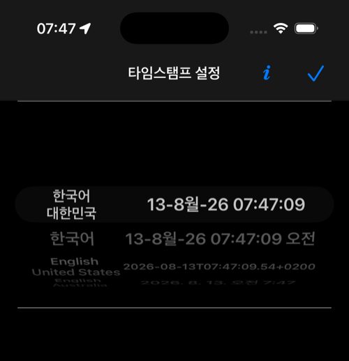 현재 타임스탬프 형식 선택 화면