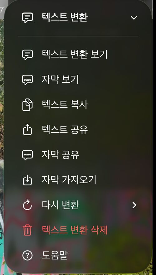텍스트 변환 보기, 자막 표시, 텍스트 복사, 텍스트 공유, 자막 공유, 자막 가져오기, 다시 변환, 텍스트 변환 삭제, 도움말이 있는 텍스트 변환 메뉴