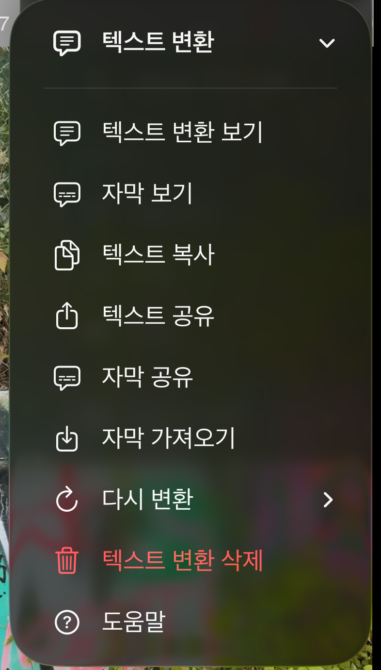 텍스트 변환 보기, 자막 표시, 텍스트 복사, 텍스트 공유, 자막 공유, 자막 가져오기, 다시 변환, 텍스트 변환 삭제, 도움말이 있는 텍스트 변환 메뉴
