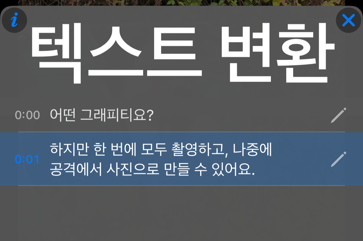 첫 줄이 잘못 인식되고 마지막 단어가 틀린, 방금 인식된 텍스트 변환