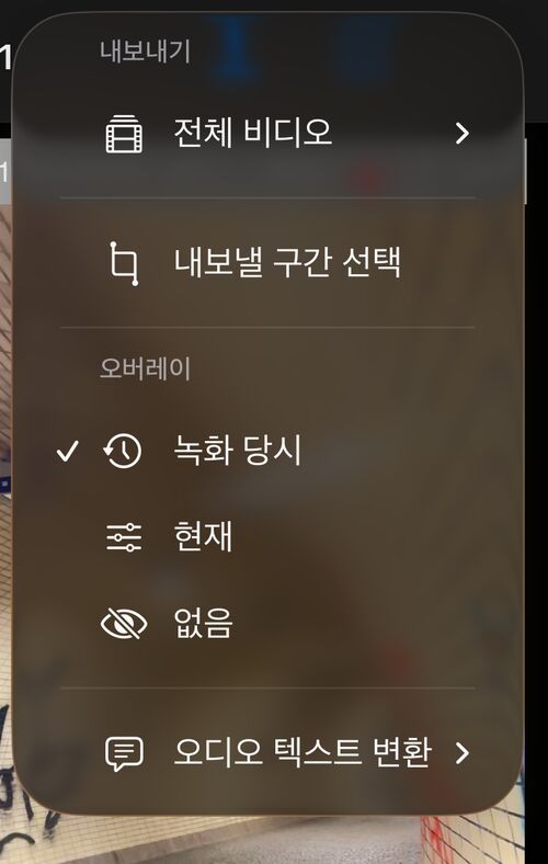 내보내기와 오버레이 아래에 오디오 텍스트 변환 항목이 있는 비디오 재생의 더 보기 메뉴