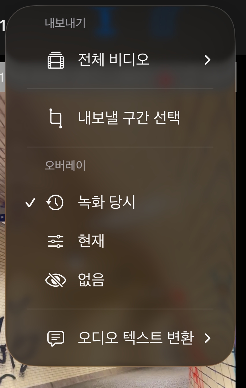 내보내기와 오버레이 아래에 오디오 텍스트 변환 항목이 있는 비디오 재생의 더 보기 메뉴