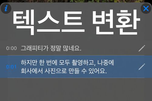 문장마다 시각이 있는 줄이 나열되고 현재 줄이 강조된 텍스트 변환 패널