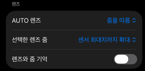 뷰파인더 컨트롤 설정: AUTO 렌즈 설정과 렌즈와 줌 기억이 있는 렌즈 섹션