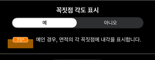 꼭짓점 각도 표시가 예로 설정된 화면과 73° 표시 예시