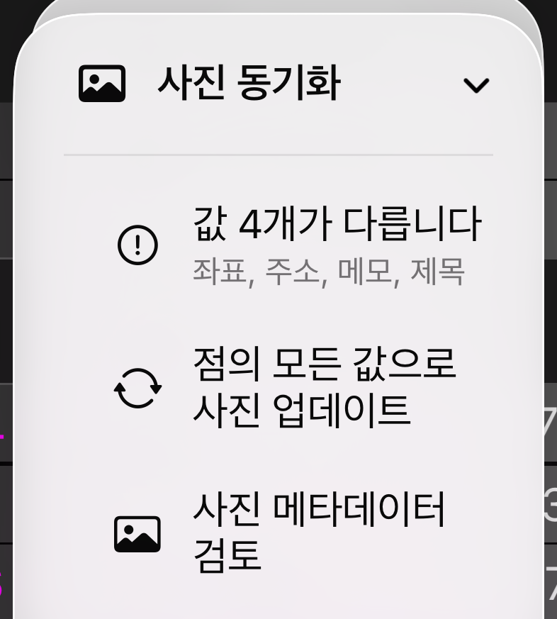 사진 동기화 메뉴: 값 3개가 다릅니다라는 상태 줄, 점의 모든 값으로 사진 업데이트, 사진 메타데이터 검토