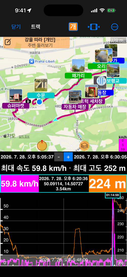 기록된 트랙이 지도에 표시되고, 연결된 웨이포인트가 사진 라벨로 경로를 따라 나타나는 화면