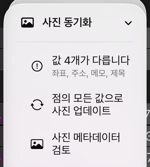 사진 동기화 메뉴: 값 3개가 다릅니다라는 상태 줄, 점의 모든 값으로 사진 업데이트, 사진 메타데이터 검토