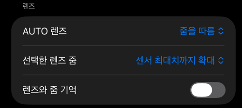 뷰파인더 컨트롤 설정의 «렌즈» 섹션: «AUTO 렌즈», «선택한 렌즈 줌», «렌즈와 줌 기억»