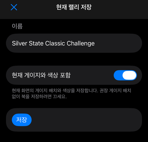 이름과 게이지 및 색상 옵션이 있는 랠리 저장 화면