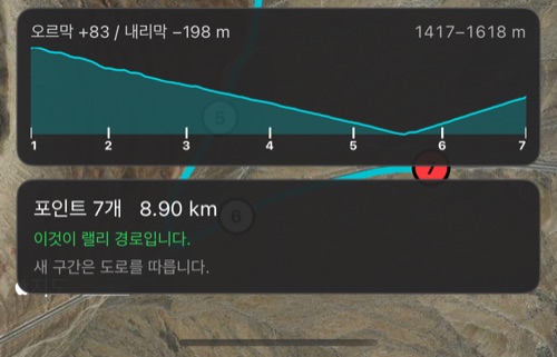 상태 카드 위에 상승과 하강, 고도 범위, 포인트 번호를 보여 주는 지형 프로필 띠