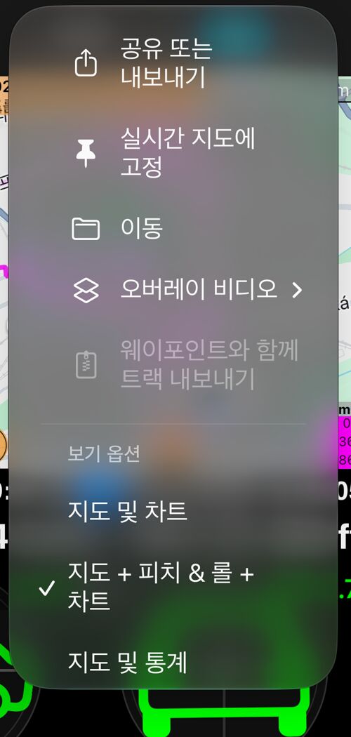 트랙의 「더 보기」 메뉴. 공유 또는 내보내기, 실시간 지도에 고정, 이동, 오버레이 비디오, 그리고 「지도 + 피치 & 롤 + 차트」가 선택된 보기 옵션