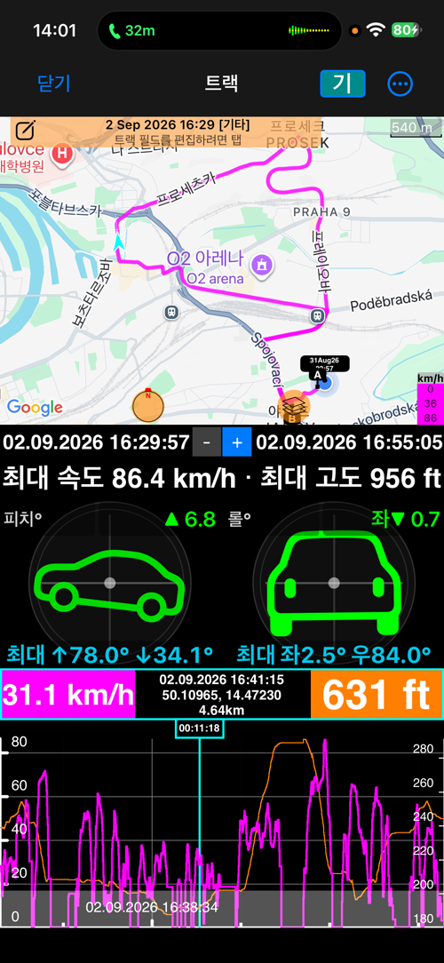 「지도 + 피치 & 롤 + 차트」 보기의 트랙. 지도 위의 경로, 피치와 롤 계기, 값 띠, 커서가 있는 속도·고도 차트