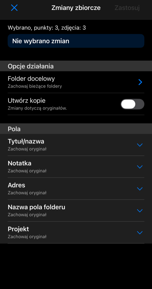 Ekran zmian zbiorczych z liczbą punktów i zdjęć, opcjami działania oraz zwiniętymi polami