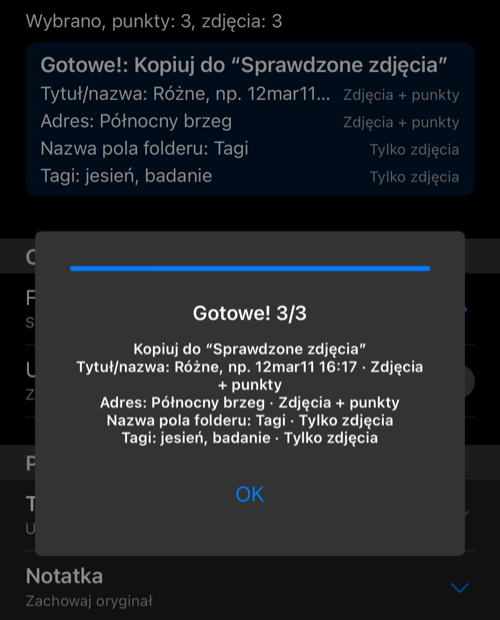 Panel z wynikiem 3/3 po skopiowaniu zaznaczonych zdjęć i punktów