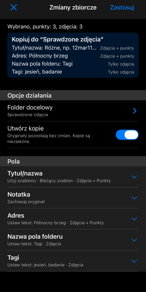Sprawdzona kopia do kolekcji docelowej, z adresem i tagami zdjęć w podsumowaniu zmian