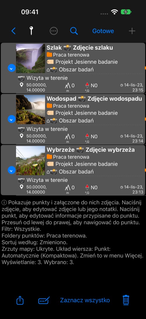 Trzy punkty ze zdjęciami zaznaczone na liście; strzałka wskazuje przycisk Zmień zaznaczone na dolnym pasku